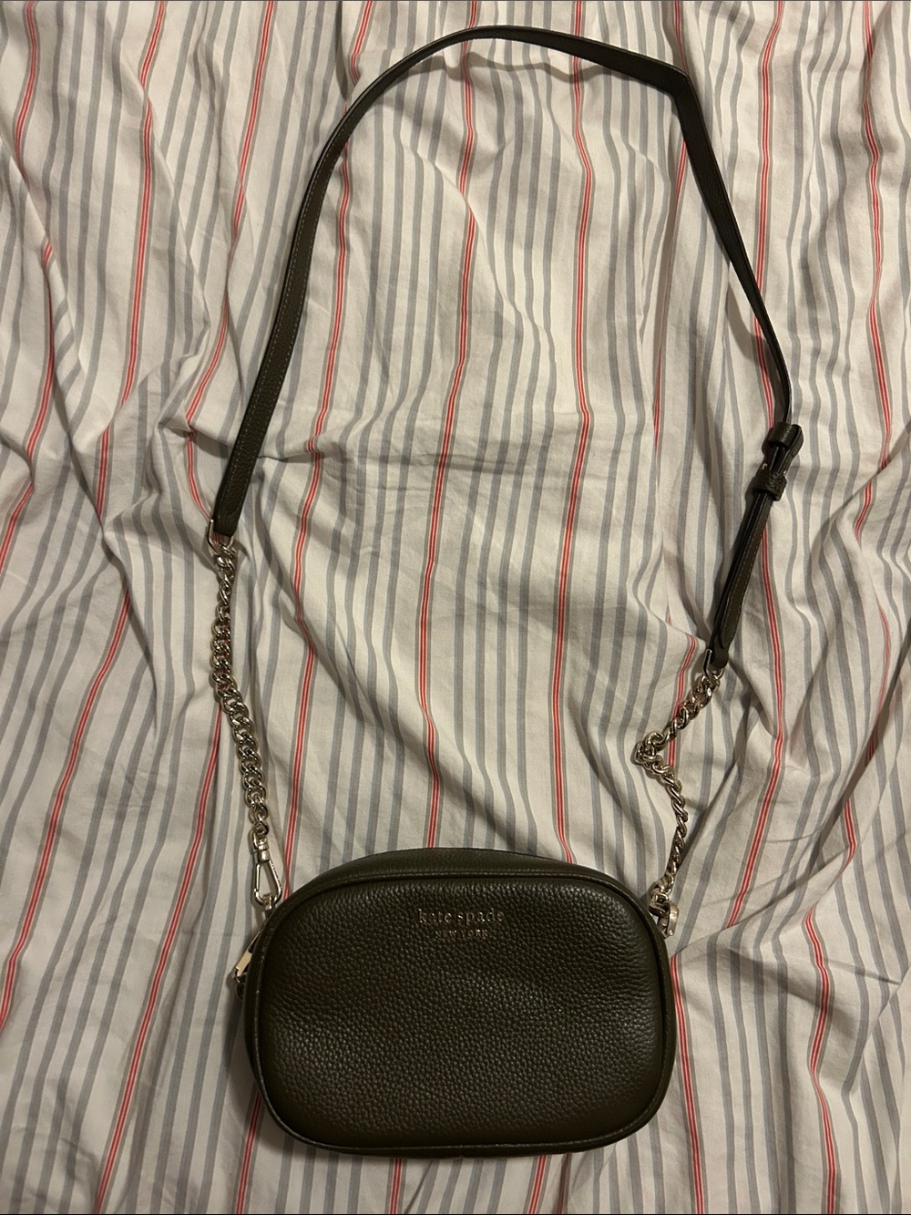 kate spade olive green pebble leather camera crossbody with chain strap